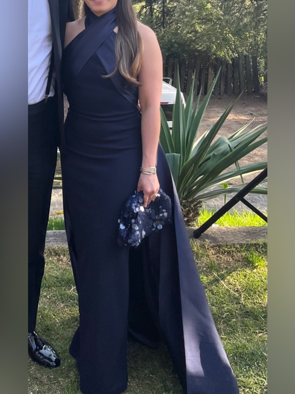 Aqua Navy Halter Maxi Gown with Draped Sash - Picture 4 of 4